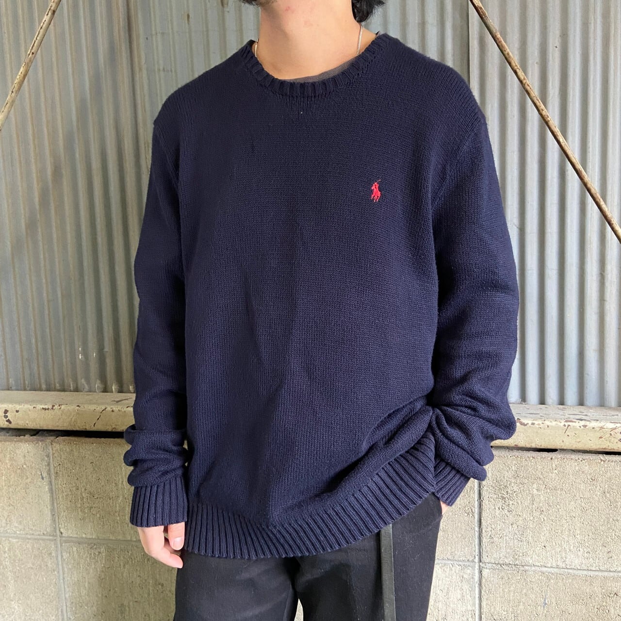 ビッグサイズ Polo by Ralph Lauren ポロバイラルフローレン コットンニットセーター メンズ2XL 古着 オールドラルフローレン  ワンポイント刺繍 クルーネック ネイビー 紺色 大きいサイズ【ニットセーター】【AN20】 | cave 古着屋【公式】古着通販サイト