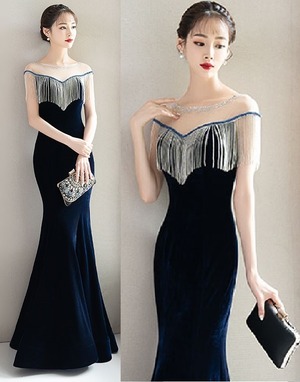 ★送料無料★9号（M)☆胸元フリンジのロングドレス(OPN3599)