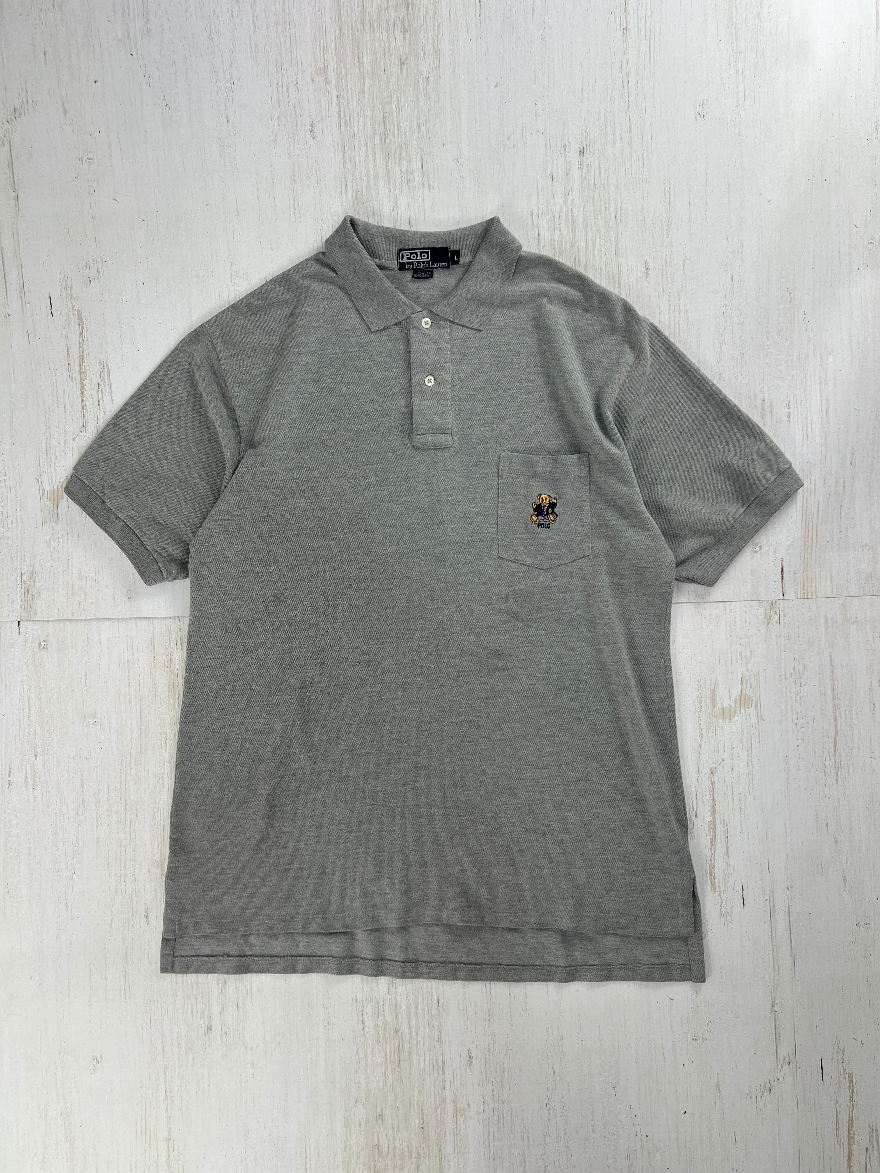 1990’s ポロ ラルフローレン USA製 ポロベア 刺繍入り ポケット付き ポロシャツ グレー #F974