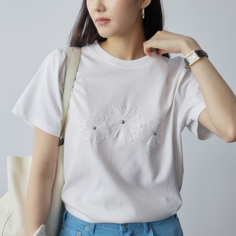 フラワーモチーフ 半袖 クルーネック Tシャツ ◆2color 204619