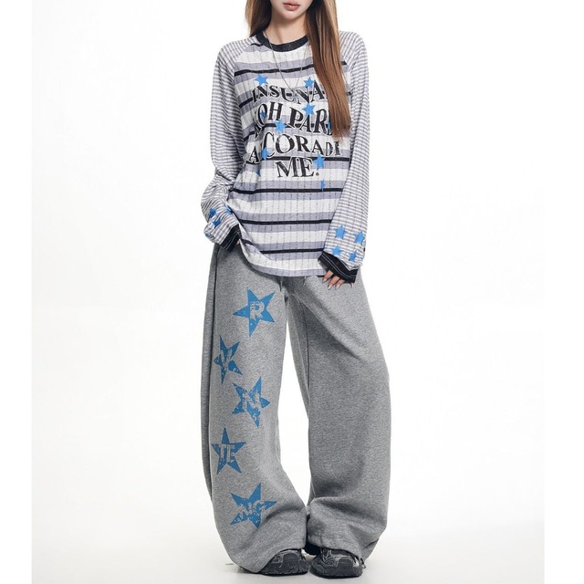 スターモチーフチェックボーダーグラフィックロングスリーブTシャツ 2col R02567