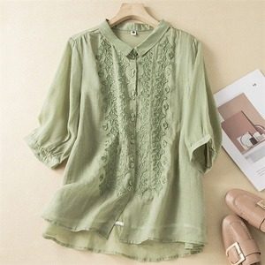 ブラウス  五分袖 半袖シャツ レディース 5色 M-2XL 無地 刺繍 おしゃれ ゆったり 大人 きれいめ 春夏 25zm1173