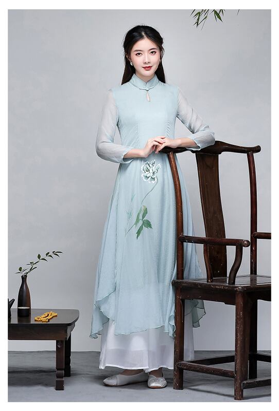 アオザイ2点セット チャイナ風ワンピース アオザイ ドレス チャイナ風服 中華服 改良唐装 改良漢服 スタンドネック 七分袖 ロング丈 ガウチョパンツ 大きいサイズ M L Ll 3l 普段着 Dresszone
