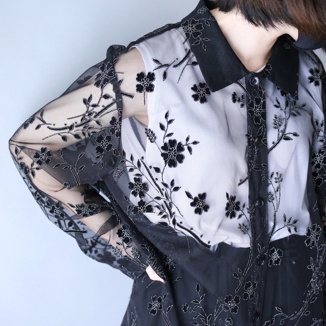 flower motif patch design black see-through shirt