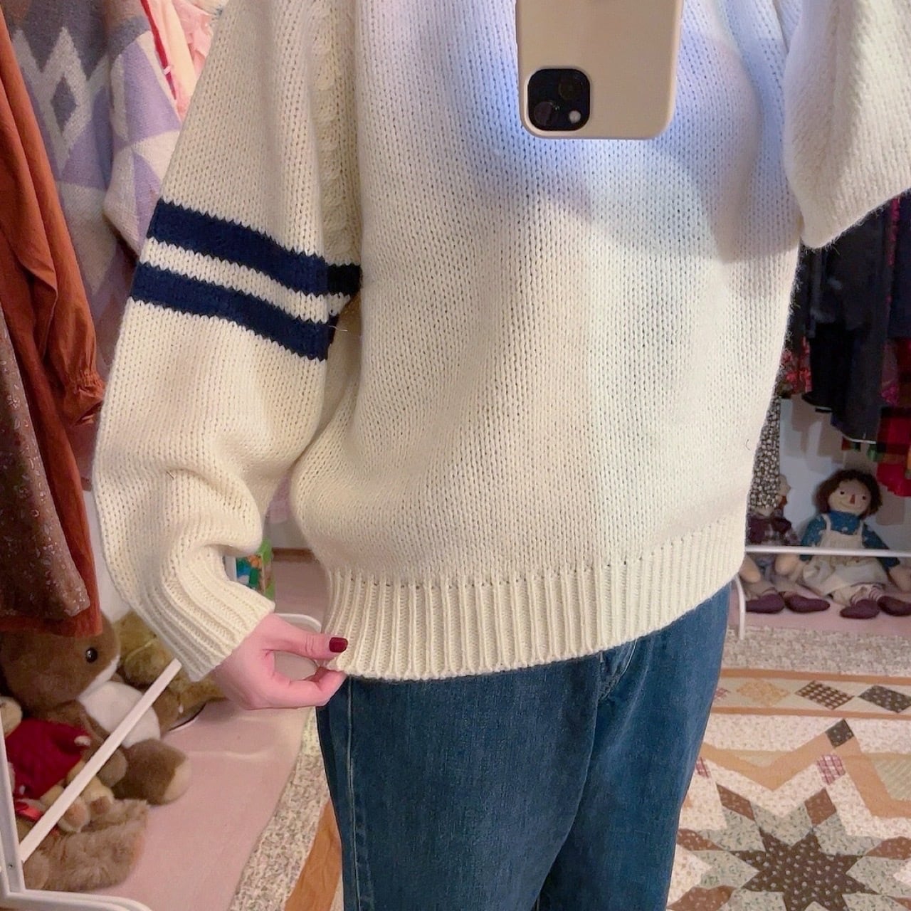 navy double line crew neck sweater