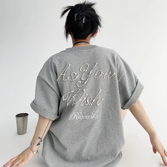 ★予約★D-1188　2026夏新作♡Wishパールロゴ半袖Tシャツ　グレー
