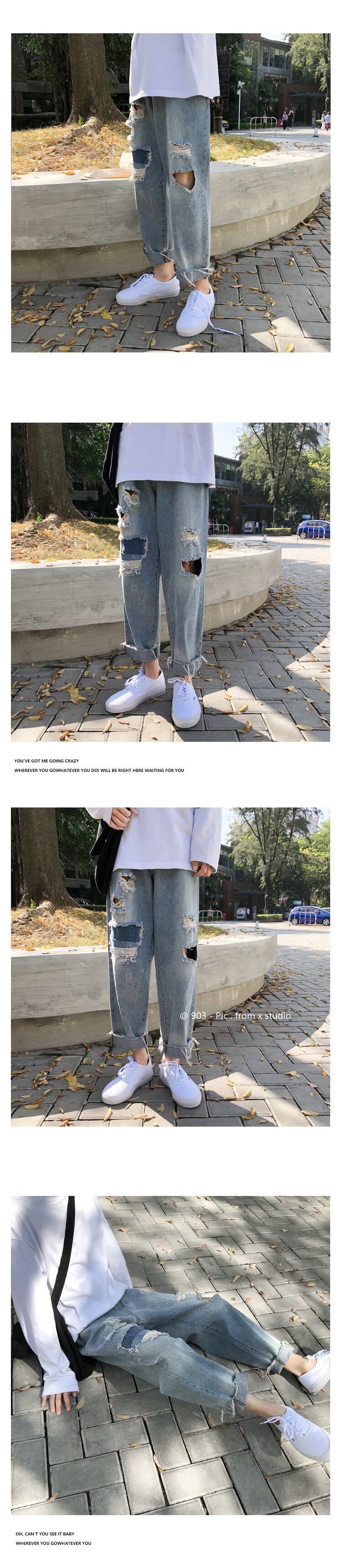 全1色 デニム パンツ ストレート カジュアル ダメージ おしゃれ