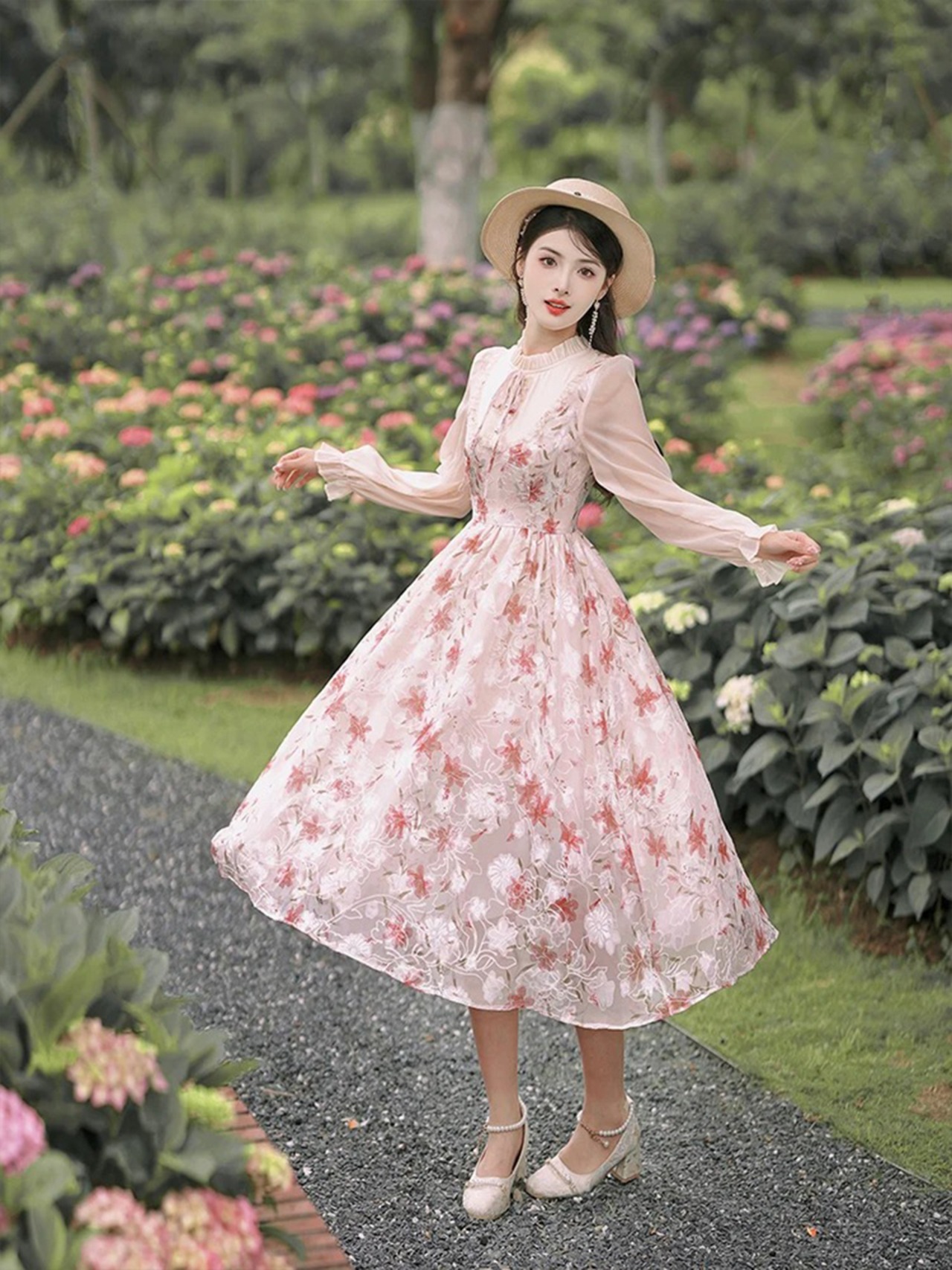 【0086】Pink Flower Girly Long Sleeve Dress