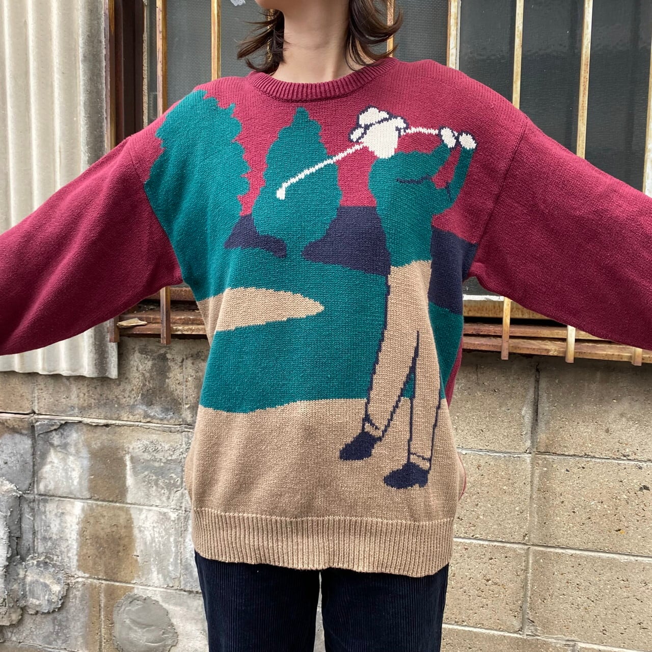 90年代 ヴィンテージ Cypress Links ゴルフ 柄 刺繍 コットン ニットカーディガン メンズM 古着 80s ビンテージ えんじ レッド  赤色 【ニットセーター】-2【SS2401-50】 | cave 古着屋【公式】古着通販サイト