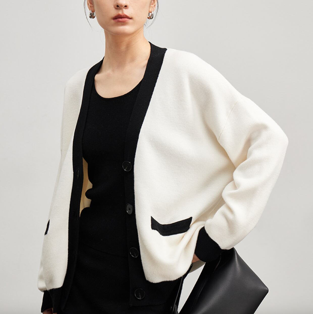 Vネックバイカラーウールニットカーディガン n08