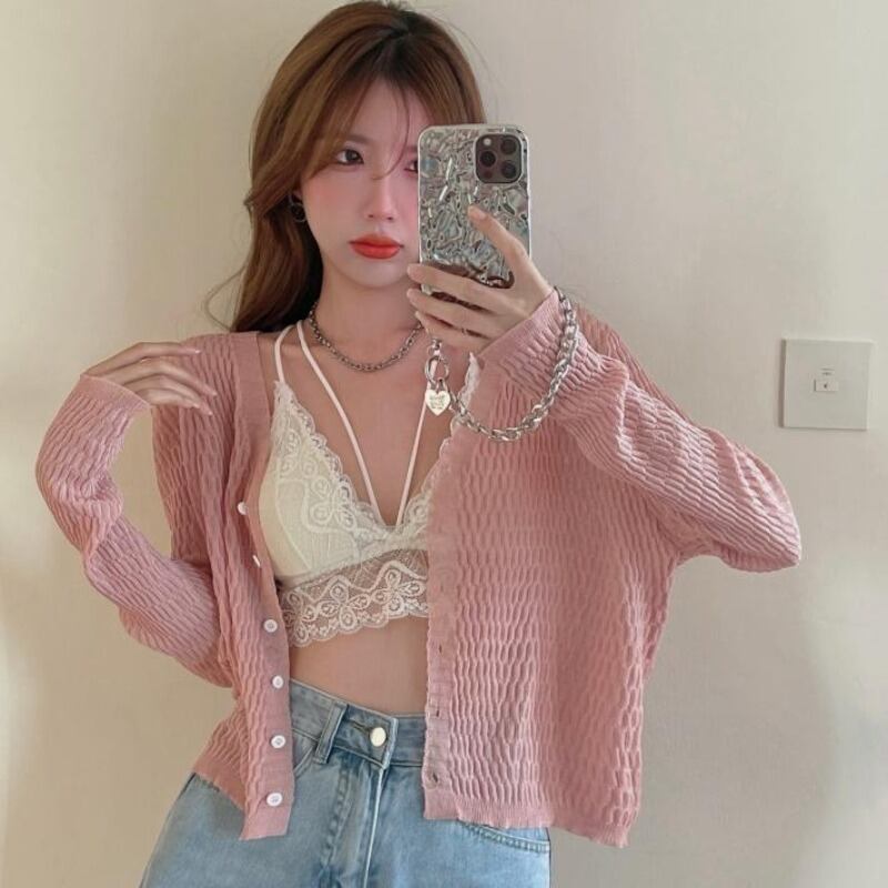 薄手Vネックセーター サマースタイルカーディガンショートトップス ロング 夏物 ハンチェンe83753918533