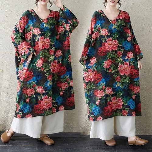 大きいサイズ 新品 秋冬 華やか花柄 Vネック ゆったり ロングワンピース