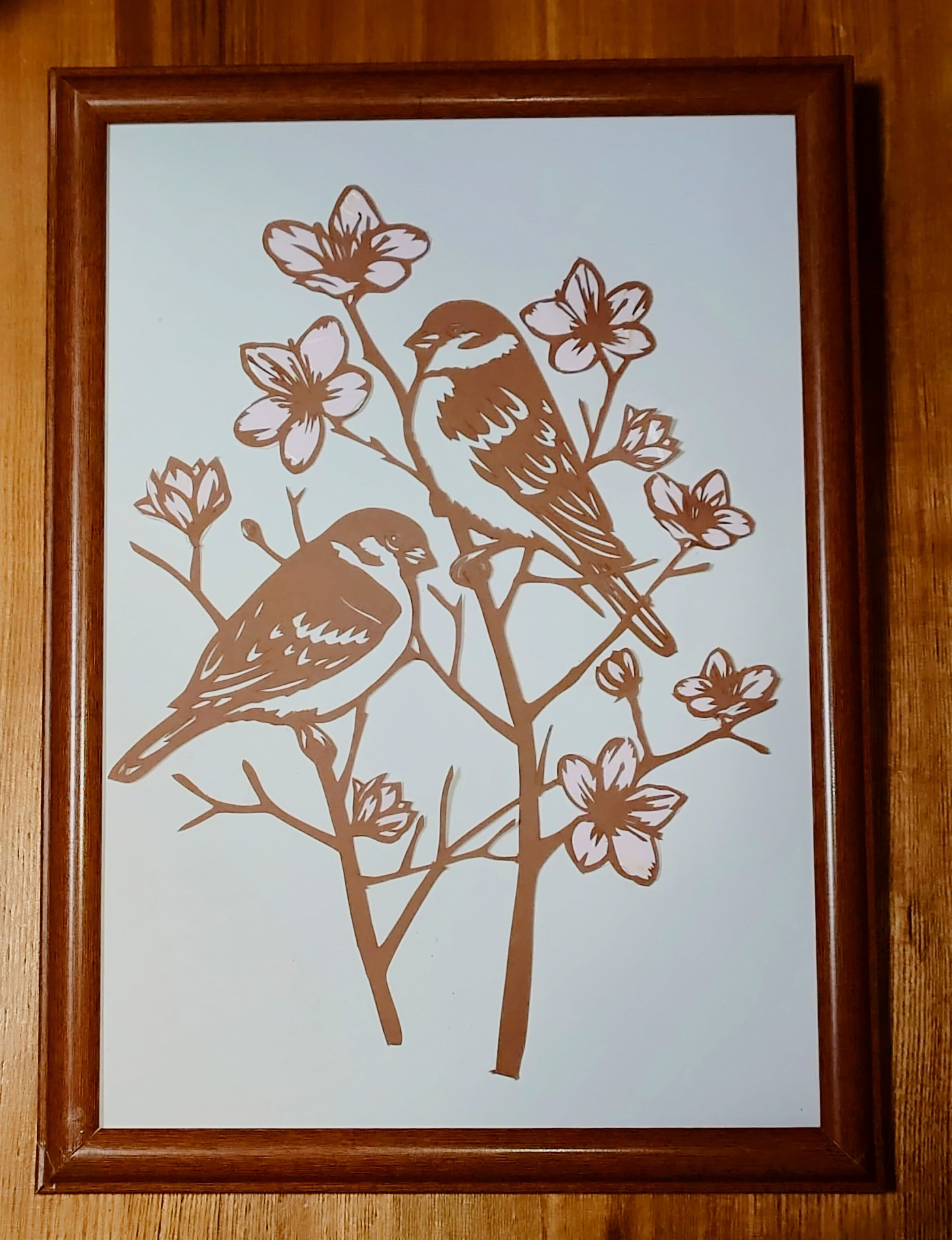 猫ちゃんとインコちゃん　アクリル画 切り絵 オカメインコちゃんとセキセイインコちゃん | Miyu工房