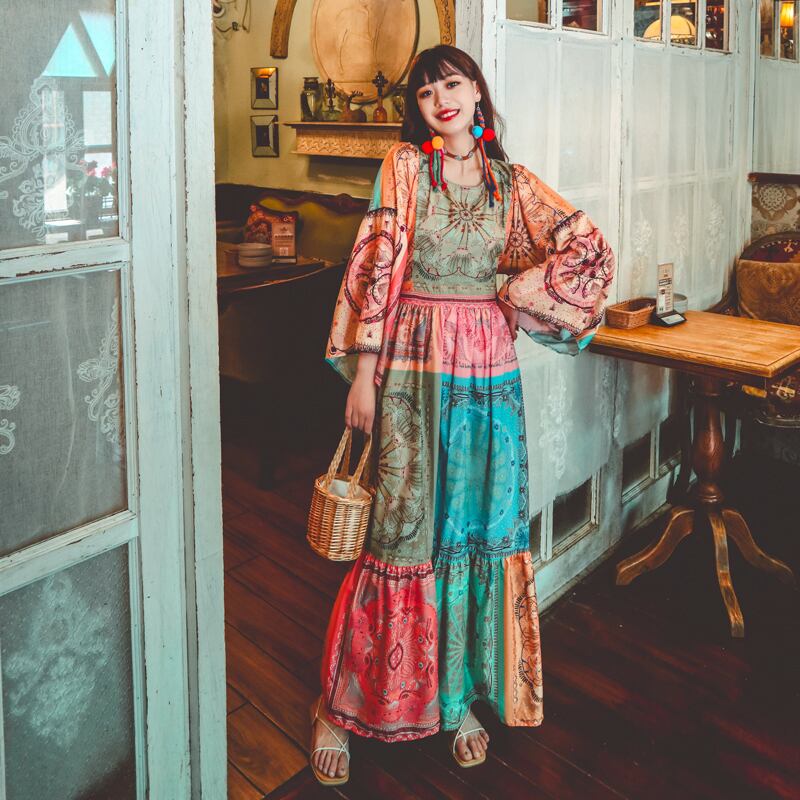 エスニックスタイルラウンドネックスリムウェストロングスカート カラースタンダードプリントドレス サマー レトロ 夏物 Oネック 延命家ファッション60273058009