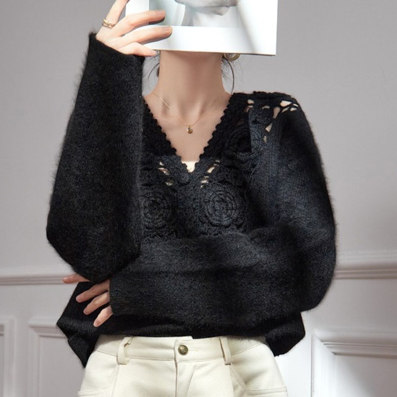 鍵編み フラワーモチーフ Vネック ショート ニット 341126