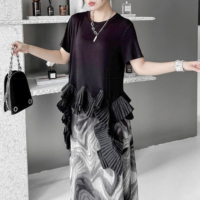 Asymmetric pleated hem t-shirt【2color】 C1554