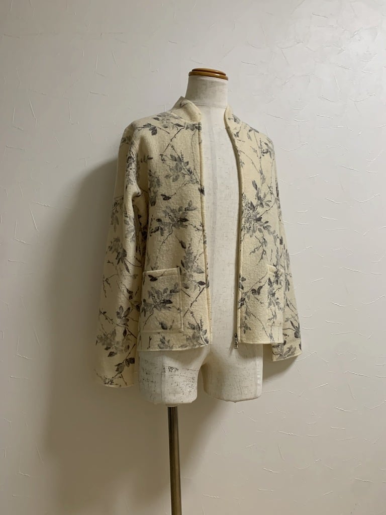 Botanical Pattern Stand Collar Zip-Up Knit Jacket