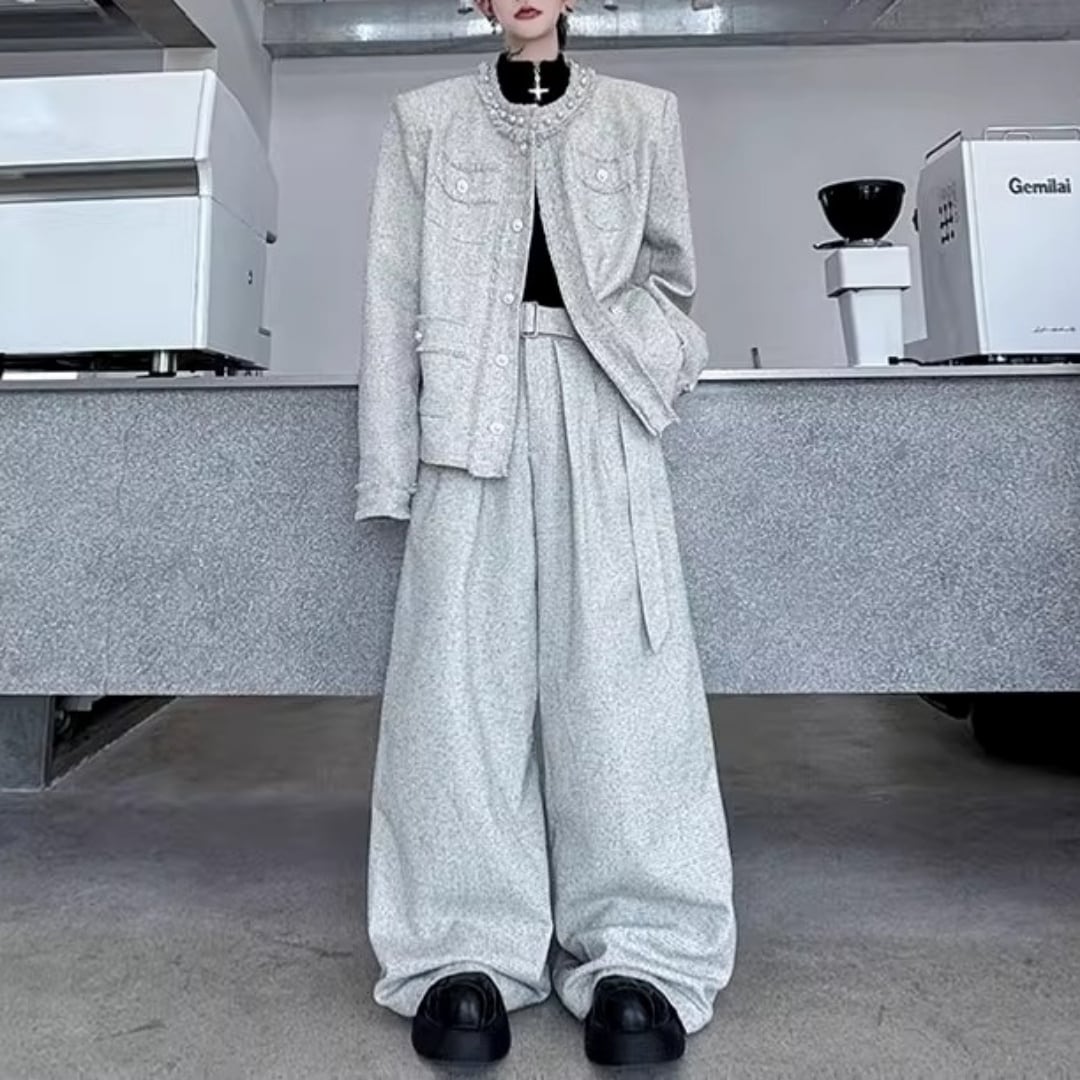 ツイード調 ビーズ付きショートジャケット&ワイドパンツ セットアップ 2カラー D11959