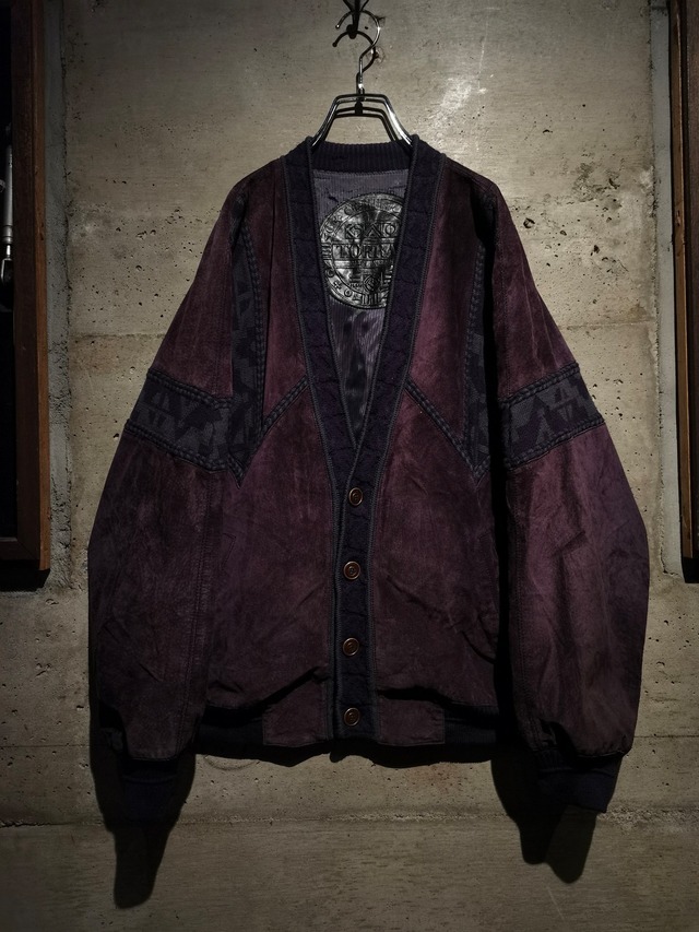 【Caka】Knit Swiching Vintage Loose Suede Leather Cardigan Jacket