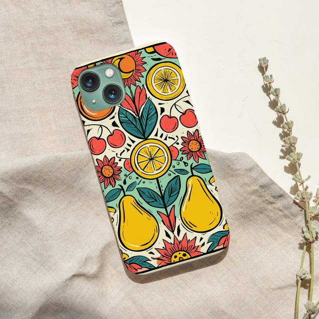 受注生産 iPhoneケース レモンと洋梨のカラフル民芸柄｜フルーツモチーフ PSYF019D