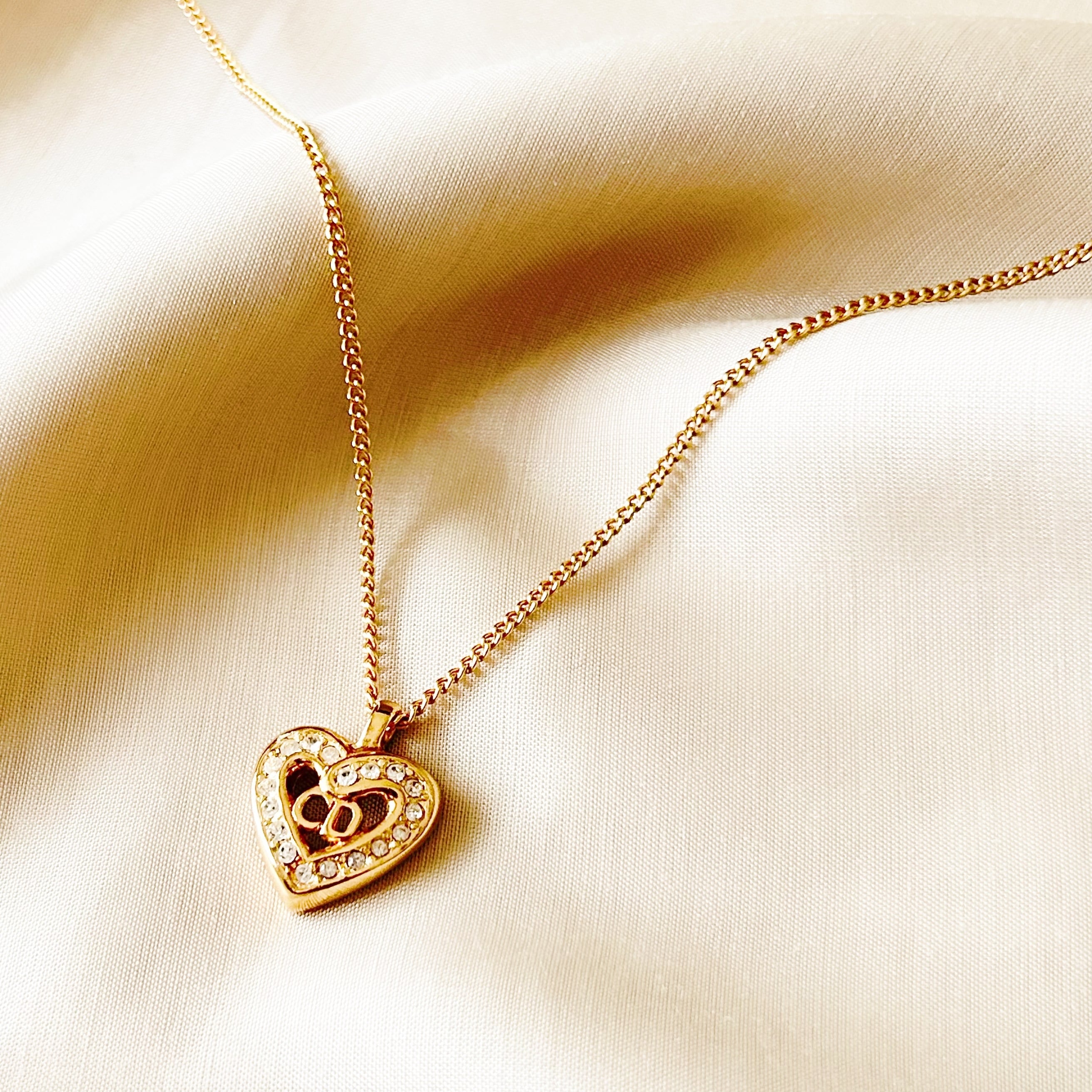 N5152】Christian Dior logo heart rhinestone necklace/クリスチャン