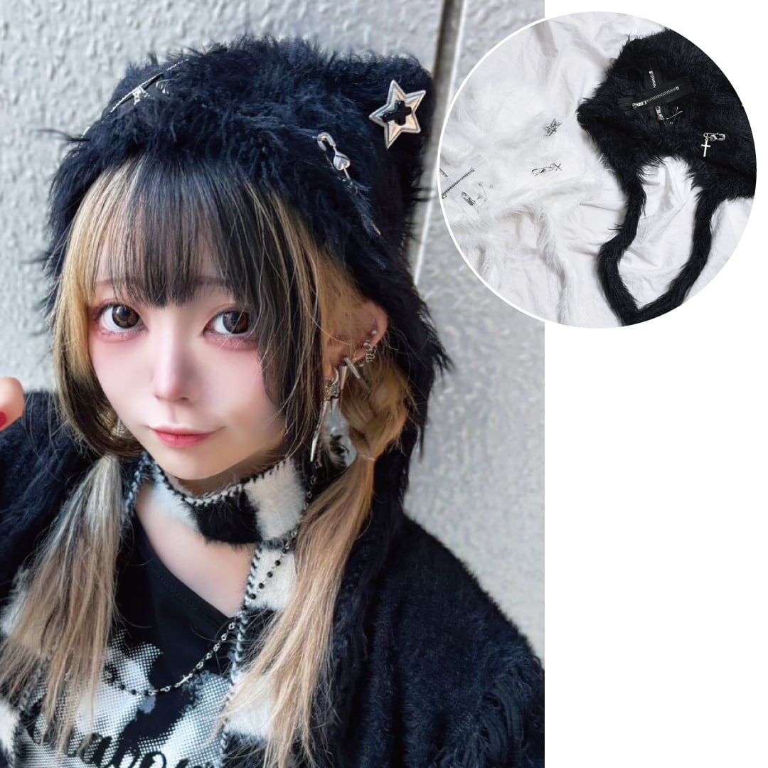 【12/23 再入荷!】新作★ネコ耳 クロスZIPテープファーニット帽