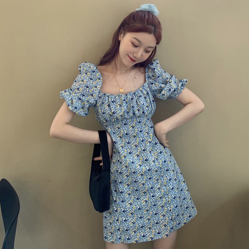 フローラルドレス サマースタイルカラースリーブ半袖ウェスト薄手スカート ショート ハーフスリーブ 夏物 花柄 スクウェア 萌量不足88961234975