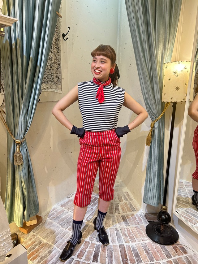 70's  navy×white border tops