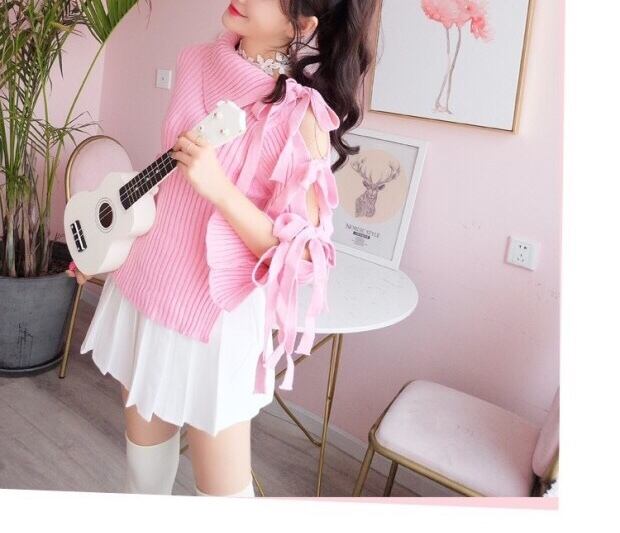 ☆ピンク セーター リボン ニット トップス ガーリー オフショルダー