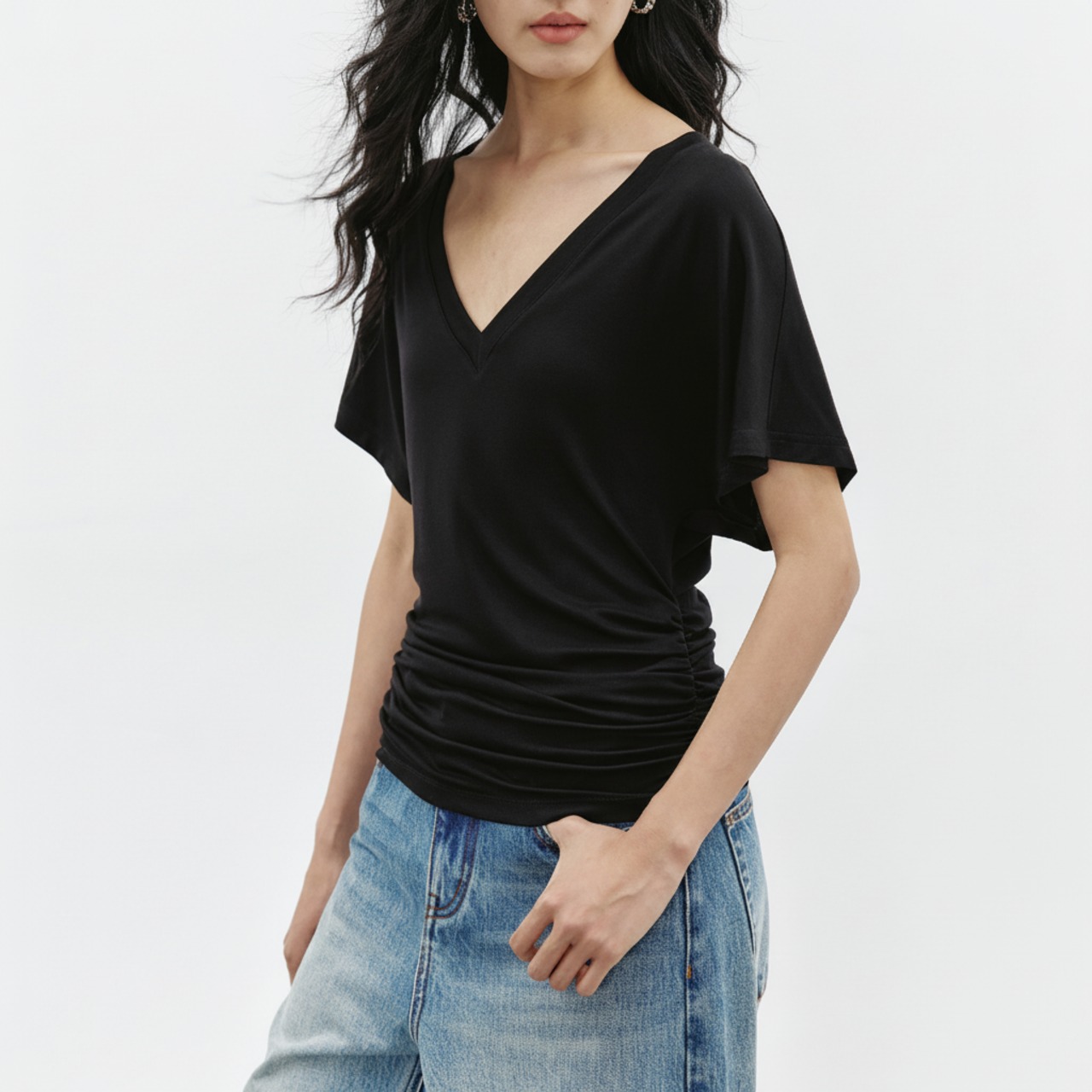 Vネック ドルマンスリーブ Tシャツ   2colors  26016・画像3