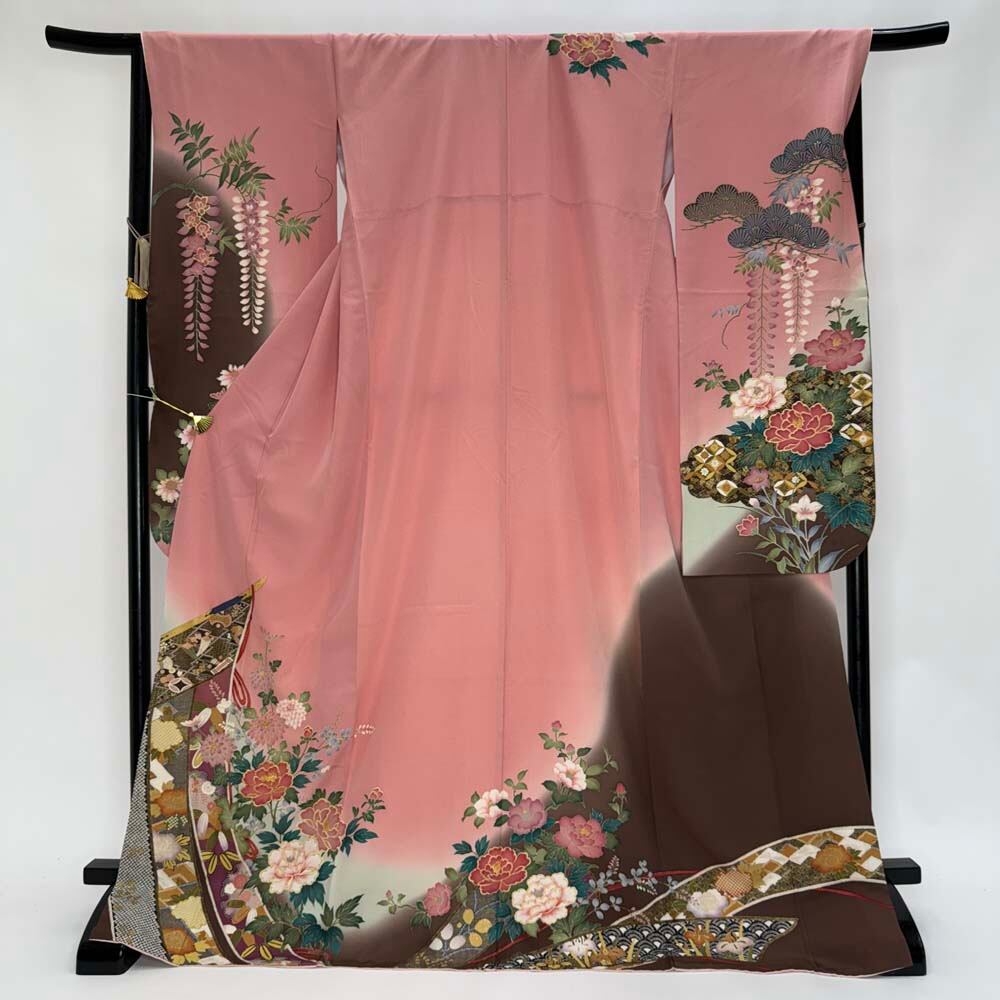 正絹 訪問着 大サイズ 裄68 身丈163 紋無 チャコールグレー 振袖