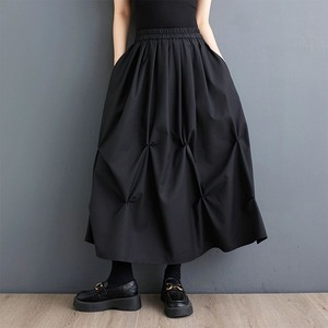 BLACK ELASTIC WAIST PINCH PLEATS A-LINE LONG SKIRT 1color M-9369