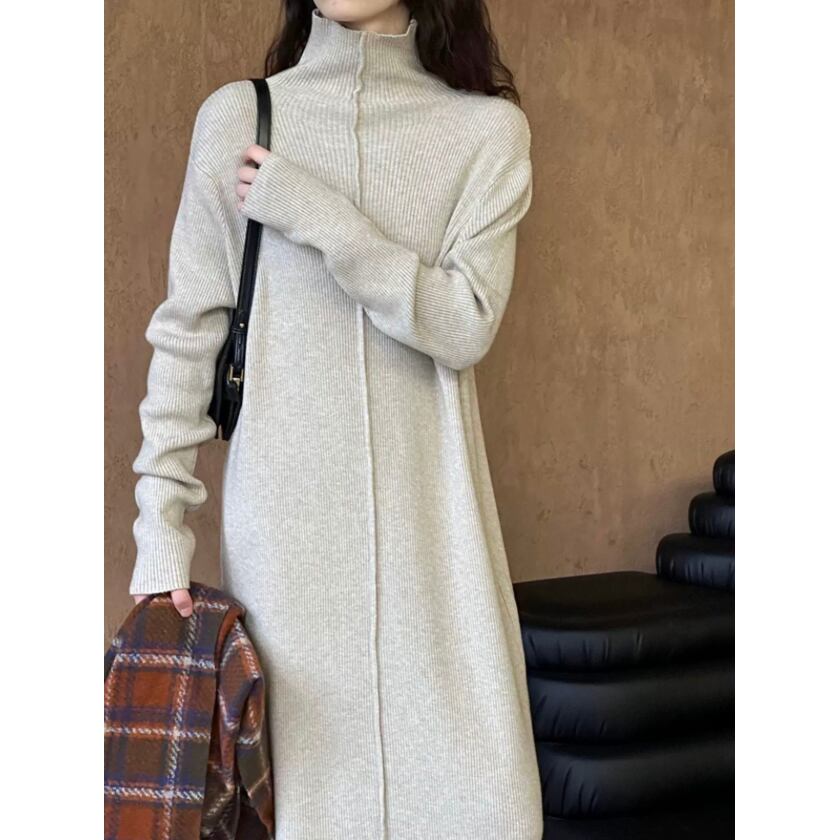 high neck stripe knit long one-piece m0515