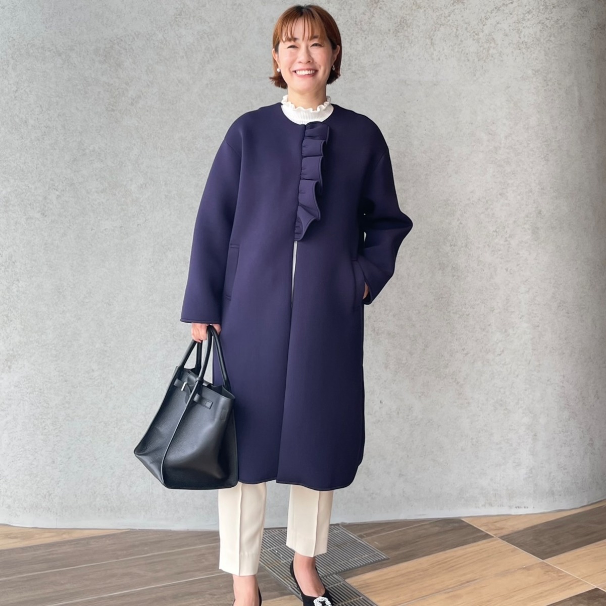 超ゆったり＆もっちりあったか♡大人可愛いフリルノーカラーコート 紺【フリー】フォーマル卒業式KMC-747 698120 | keep my ...