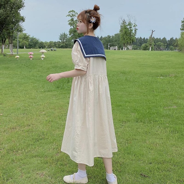 スタイルスカート サマーネイビーカラールーズロング薄手ドレス 夏物 萌量不足17830952087