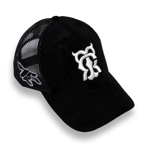 T.C.R MONOGRAM LOGO SUEDE TRUCKER CAP - BLACK / WHITE