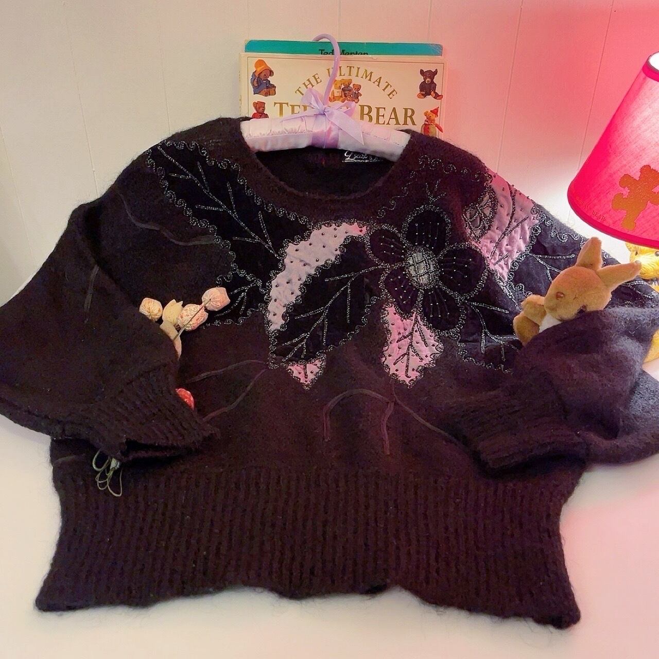 beads flower black dolman sweater