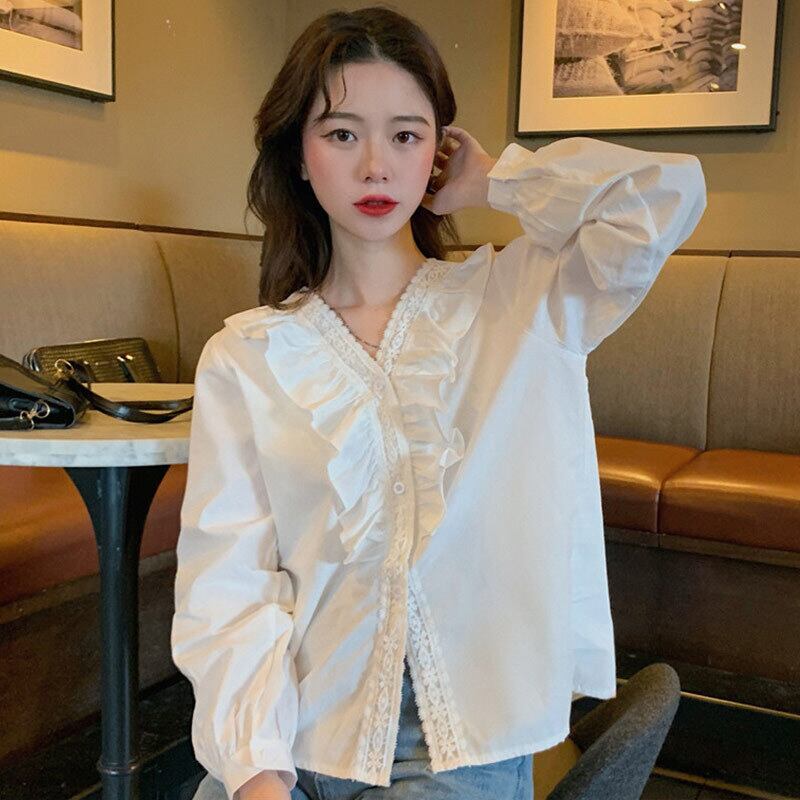 ホワイトシャツ オータムスタイルVネックトップス 秋物 萌量不足17865434055