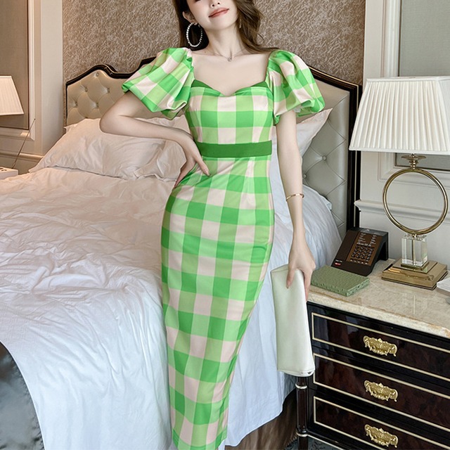 【夕暮薔薇シリーズ】ワンピース レトロ エレガント チェック柄 グリーン