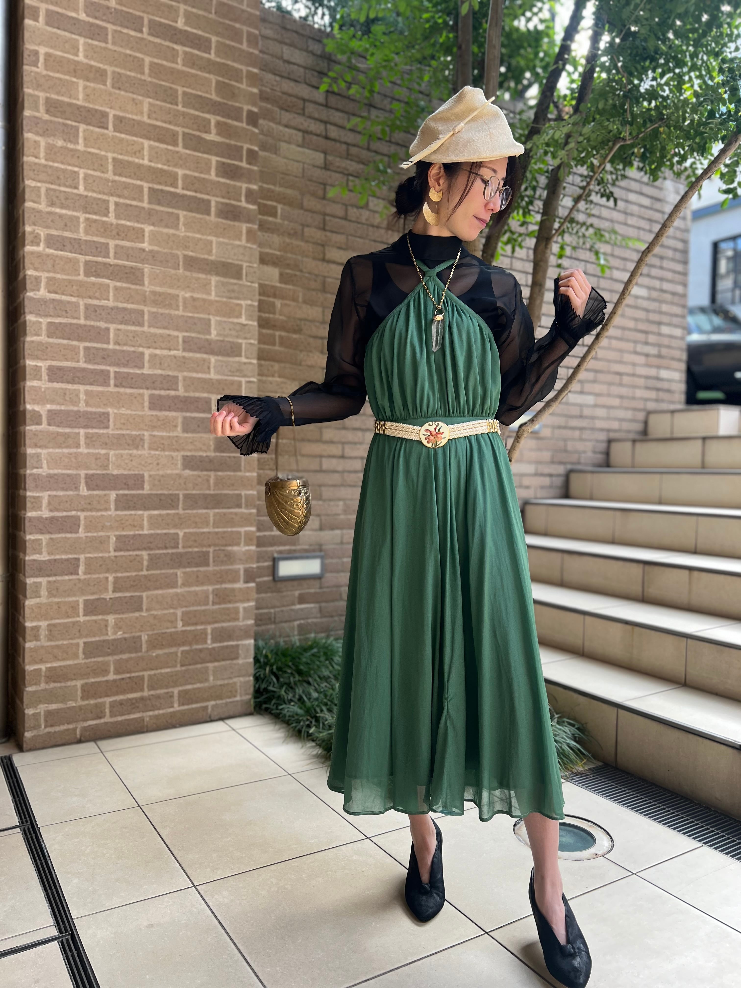 Vintage Euro moss green dress ( ヴィンテージ ヨーロッパ モスグリーン ドレス ワンピース )