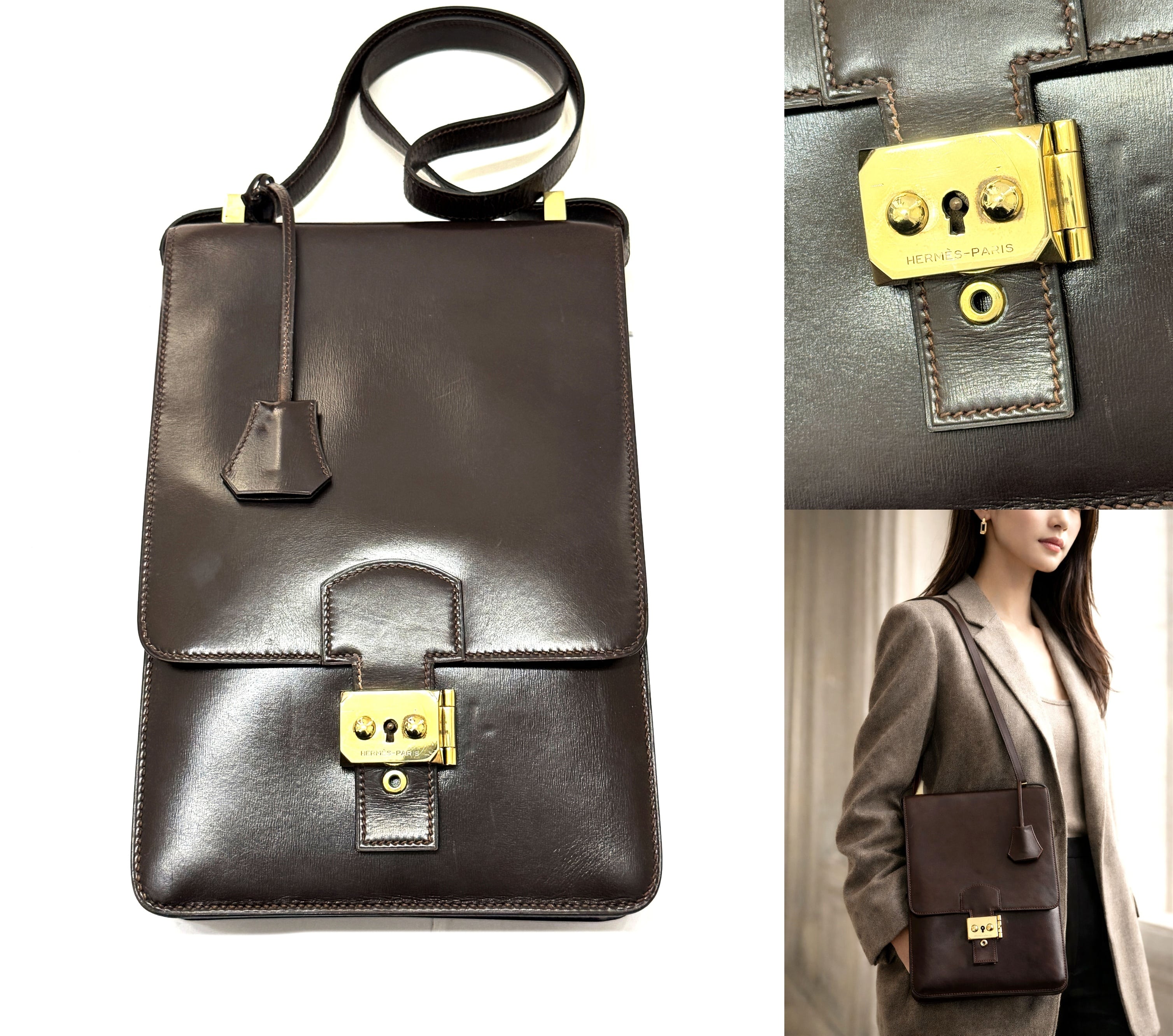 HERMES エルメス サック ア デペッシュ DPLG ボックスカーフ レザー ショルダーバッグ ショコラ ダークブラウン キー 男女