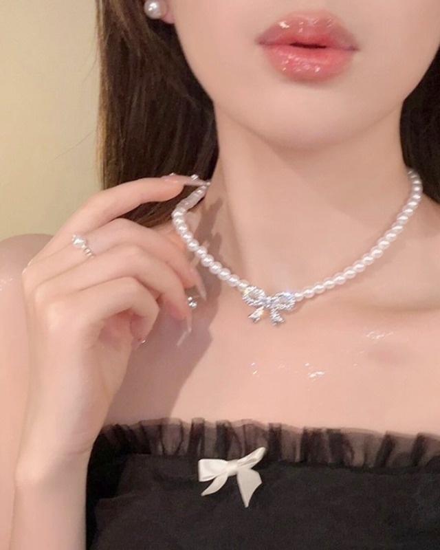 リボンビジューパールネックレス　24A02033