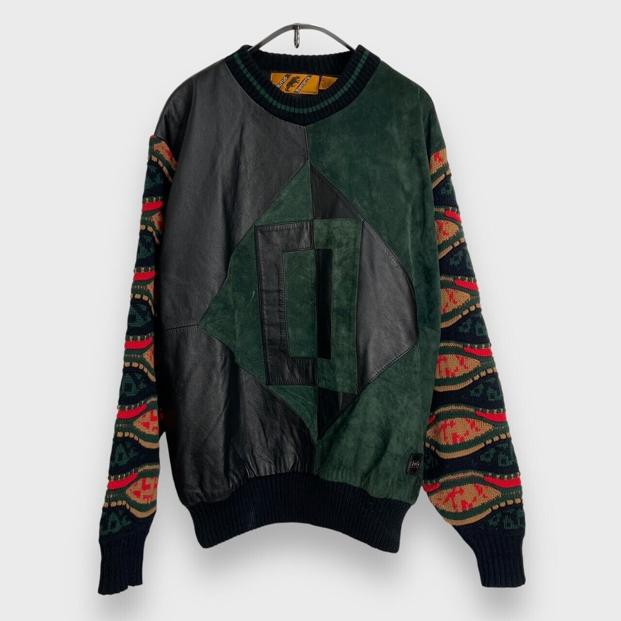 80s TRUTUS Biancara レザー切り替え　ニット　古着 90s TRUTUSBiancarra レザー切り替え3Dニット クージータイプ | 古着屋 Uan