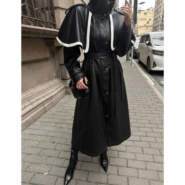 Contrast Faux Leather Trench Coat 503932