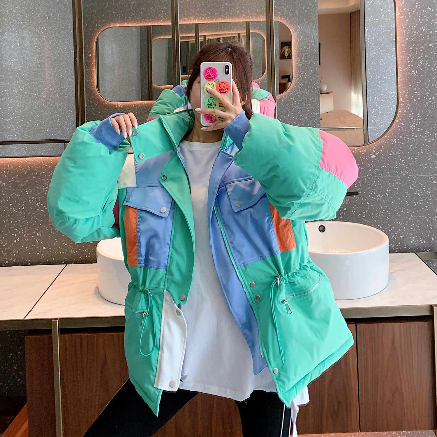 ガーリー カジュアル カラフル ダウンジャケット グリーン  