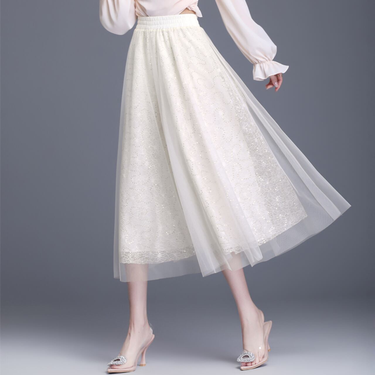 スパンコール&レースチュールスカート Me0565