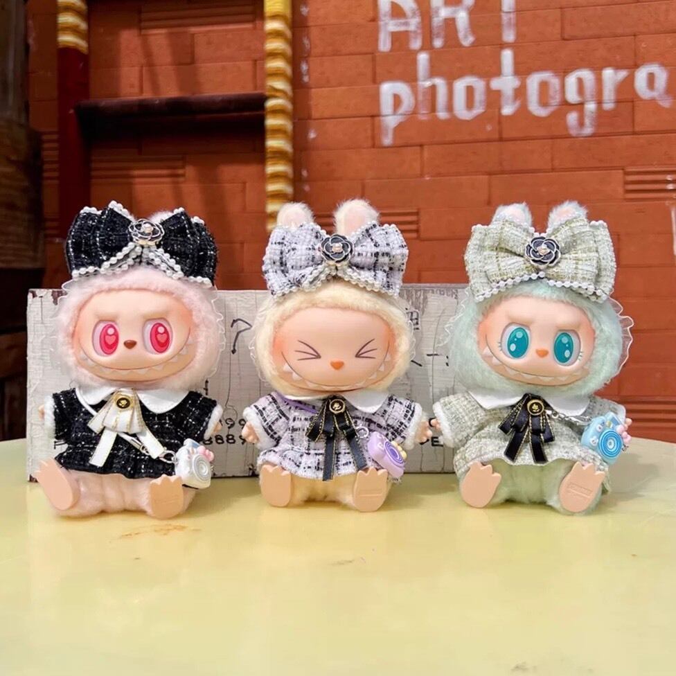 【色違いコーデ】ロリータリボン　ドレス　１２cm　ぬい服 いつぬい ぬいぐるみ服 10cm チェック柄おしゃれコーデ ワンピース リボンバンド