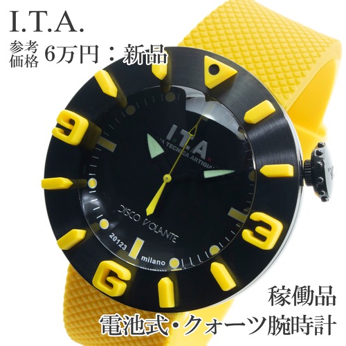 稼働品 新品 送料無料 I.T.A. アイティーエー 腕時計 クォーツ メンズ ディスコボランテ 黒 イエロー 立体インデックス UFO おしゃれ Q285