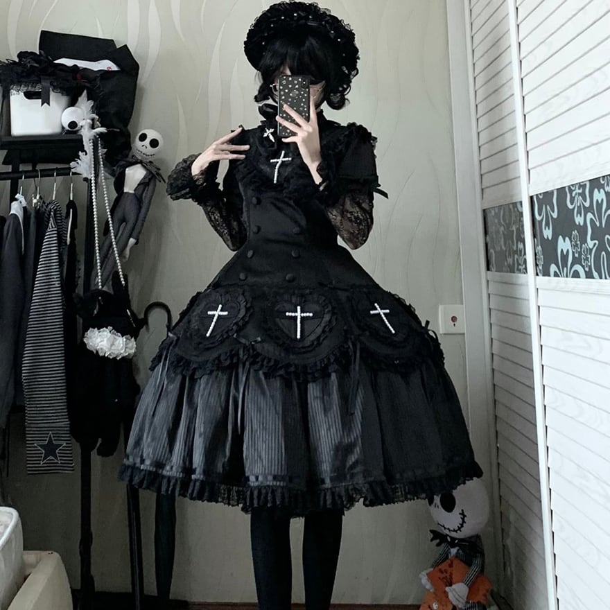 しろくろメイド　十香　2枚セット ゴシックロリィタ 十字架ハートJSK ドールワンピース ロング丈タイプ