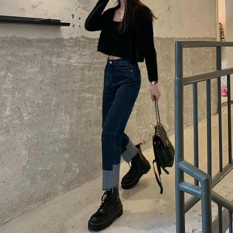 ジーンズ ハイウェストウェストルーズオータムウィンター薄手パンツ 秋物 冬物 ステッチ ブラックストロベリース20134140470